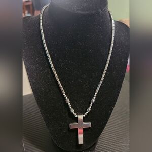 Heavy Hematite Cross Pendant Necklace